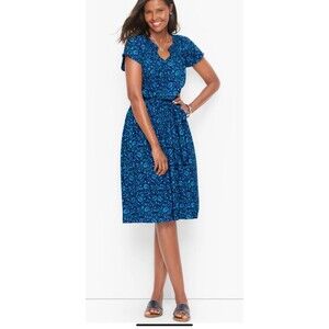 Talbots Dress Womens Petite 3XP Blue Smocked Ditsy Floral Tie Waist‎ Cottagecore